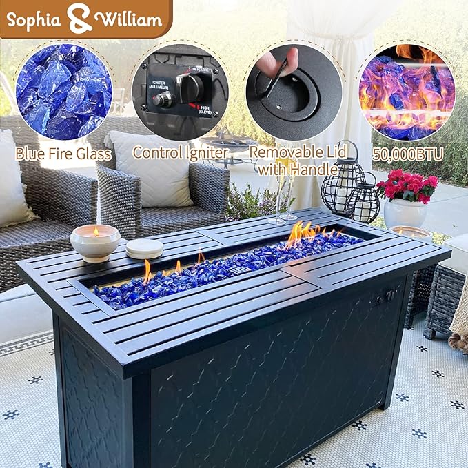 Sophia & William Patio Furniture Sets with 45" Gas Fire Pit Table Outdoor Metal Conversation Sets for 5, 2 x Swivel Cushioned Patio Sofa Chairs, 1 x 3-Seat Sofa 4 Pieces for Lawn Backyard Blue