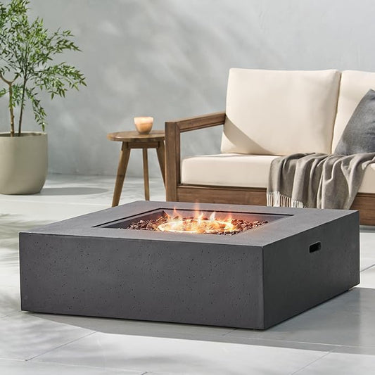 Merax 40-inch Modern Square MGO Propane Fire Pit Table, 50,000 BTU Outdoor Patio Heater with Exterior Tank Hookup, Concrete Firepit, Dark Grey