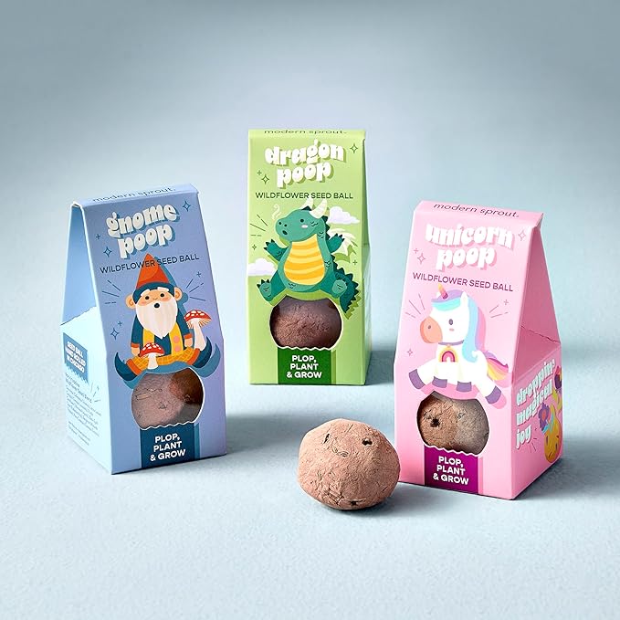 Modern Sprout Wildflower Seed Ball Poop - Non-GMO, Hand-Rolled Clay Seed Bombs with Wildflower Seeds - Plop Plant & Grow Gardening Gift Set for Kids & Adults - (Magical Plop - Pack of 3)