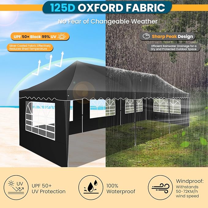 HOTEEL Party Tent 10x30 Pop Up Canopy with 8 Sidewalls, Waterproof UPF50+ for Backyard and Events, Easy Setup with Wheeled Bag & 4 Weight Bags, Extra Height, Black