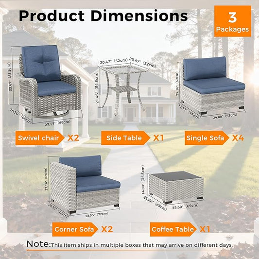 8-Seat Modern Patio Furniture Set with Swivel Rocking Chairs, Thick 4″ Cushions, Dual-Strand Wicker Rattan, Rust-Resistant Steel Frame – Outdoor Conversation & Modular Sectional,Navy