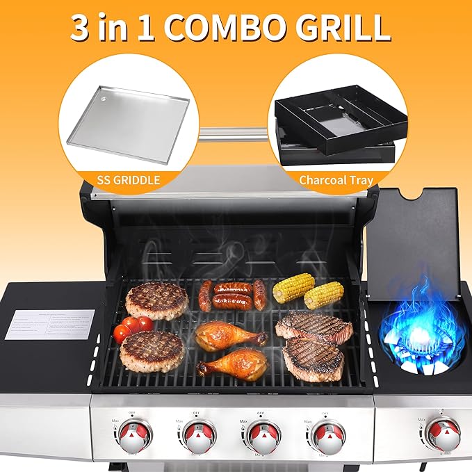 4 Burner Propane Gas Grill Combo w/Side Burner, 3-in-1 BBQ Grill with Charcoal Smoker & Griddle Plate, 46,650 BTU, 448 Sq.In. Stainless Steel Outdoor Cooking Station
