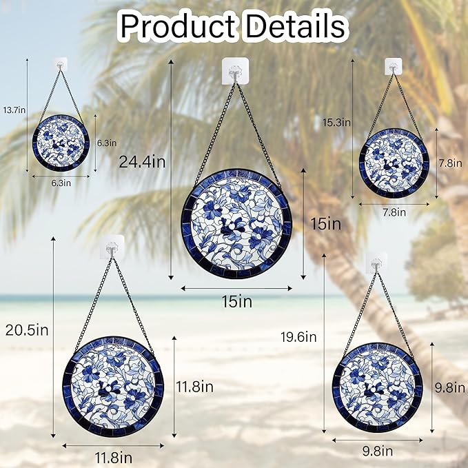 AMDERVEN Stained Glass Window Hanging, Blue and White Abstract Flowers Sun Catcher for Door Home Decor Suncatcher Christmas Mother's Day Birthday Gifts for Women Men Mom and Nana 11.8 in