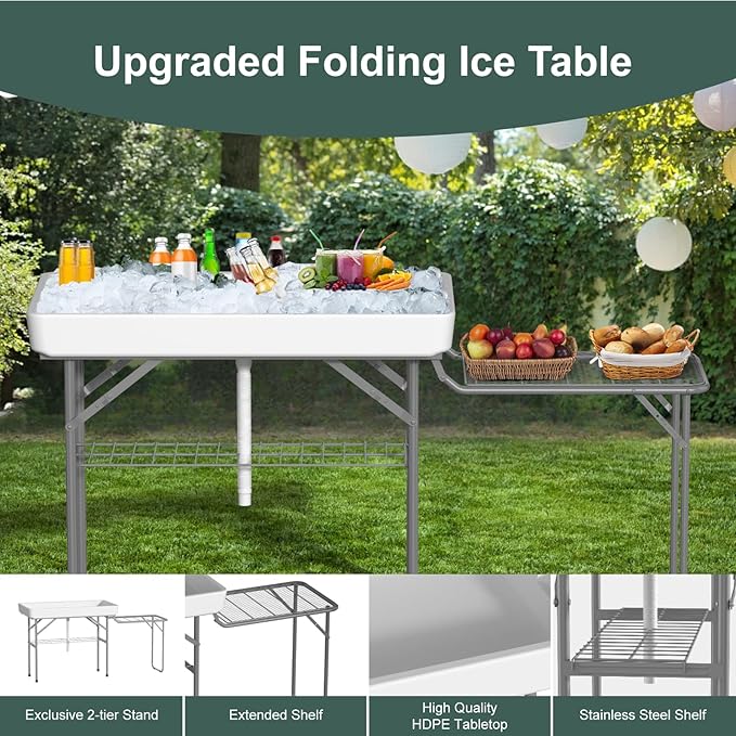 IWDOO Ice Cooler Table with Led Light, 4 Foot Outdoor Ice Table with Foldable Extension Stand, Matching Skirt & Drain Hose, Folding Cooler Tables with Metal Shelf for Party, BBQ, Camping Picnic