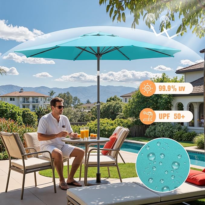 Outdoor Patio Umbrella, Table Umbrella with Push Button Tilt and Crank, 8 Ribs Market Umbrella