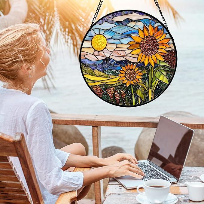 AMDERVEN Stained Glass Suncatcher, Sunflower Flowers Landscape Sun Catcher Plant Mountains Stain Glass Window Hanging Decoration Mother's Day Birthday Gifts for Women Men Mom Nana 15 in