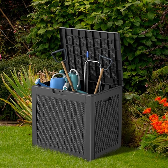 32 Gallon Deck Box Large Outdoor Storage for Patio Furniture,Outdoor Cushions,Garden Tools and Pool Supplies,Waterproof,Resin,Lockable(Grey)