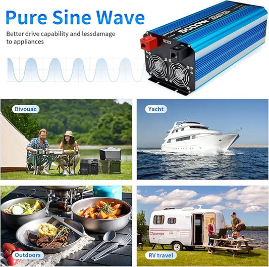 5000W Pure sine Wave Inverter DC 12V to AC 110V/120V Converter 10000w (Peak) with LCD Display Wireless/Wired Remote Control 4AC outlets 4USB and Hardwired AC.Ideal for RV Travel Off-Grid Solar Systems