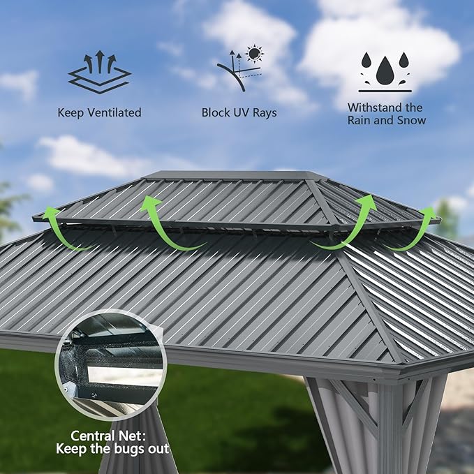 Domi 10x13FT Outdoor Gazebo, Hardtop Gazebo with Galvanized Steel Double Roof, Metal Gazebos with Drainage System Patio Pergola for Patio Deck Backyard,Curtain and Netting,Gray