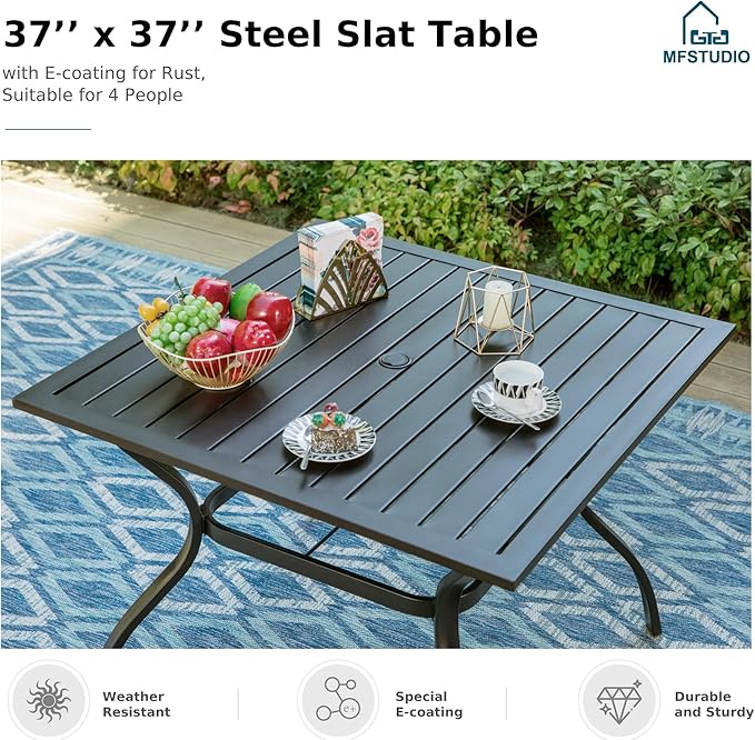 MFSTUDIO 5 Piece Outdoor Dining Sets, Patio Table and Chairs for 4, Outdoor 37’‘ Square Metal Table with Chairs, Wicker Patio Dining Furniture Set, Deck