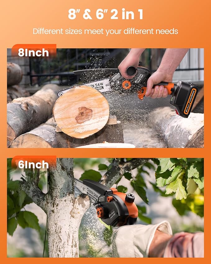 Mini Chainsaw Electric Cordless: 8 Inch & 6 Inch Brushless Chain Saw with 2 Pack Rechargeable Batteries, Battery Powered Handheld Saw for Trees Trimming Wood Cutting, Orange