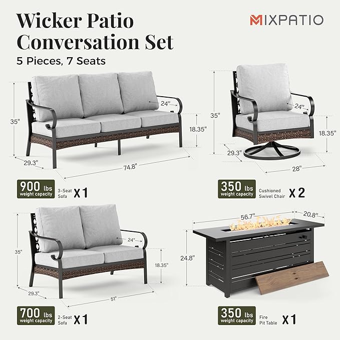 Patio Furniture Set with Firepit Table, Black Frame Outdoor Conversation Set with 2 x Swivel Chairs, 1 x 2-Seat Sofa, 1 x 3-Seat Sofa for Lawn Garden Backyard, Light Grey