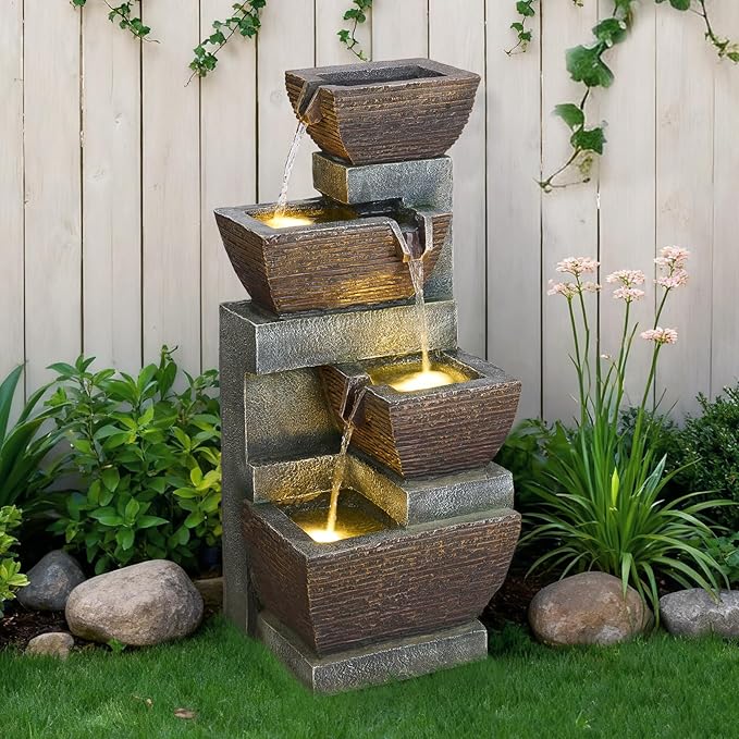 Kingsyard 4-Tier Cascading Outdoor Water Fountain with Lights, 28" Resin Rock Garden Decor with 12 Warm LEDs & ETL Certified Pump, Freestanding Water Feature for Patio, Porch, Deck & Backyard