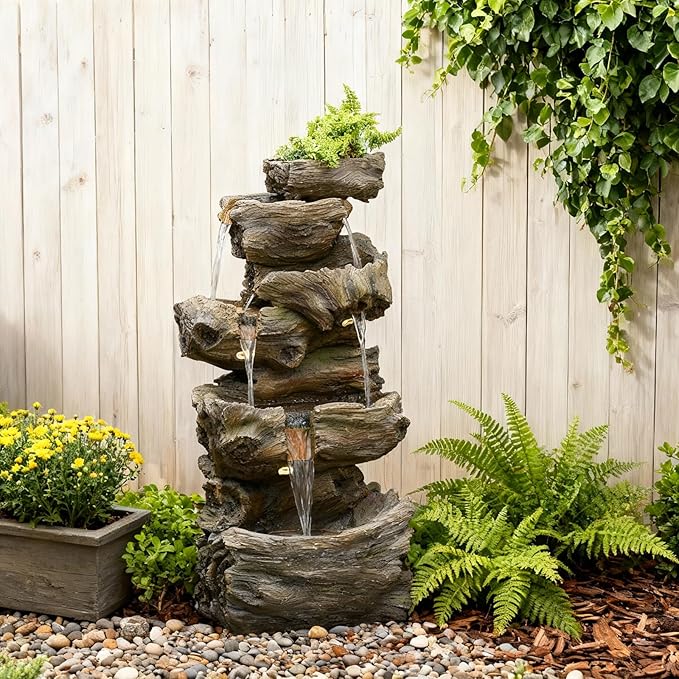 Bumilgar 40.6" H Wood-Like Water Fountain Indoor & Outdoor, 5-Tier Natural Cascading Waterfall with LED Light for Patio, Porch, Garden, Home Decor, Medium Wood