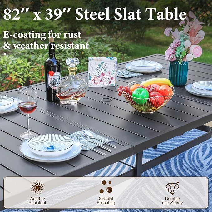 MFSTUDIO 9 Pieces Outdoor Patio Dining Furniture Set with 8 Wicker Chairs, Patio Large Rectangle Metal Table Set for 8 with 1.7'' Umbrella Hole, Outdoor Table and Rttan Chairs Dining Set