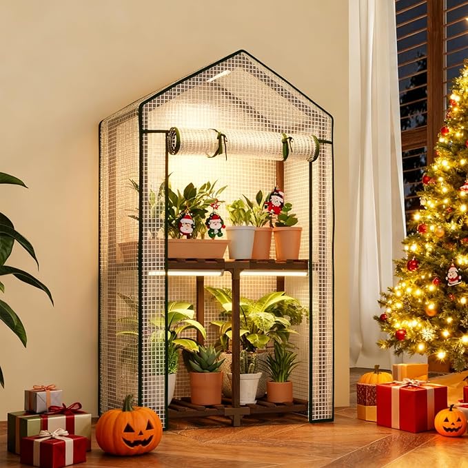 Bamworld Mini Greenhouse with Grow Light Plant Stand for Mutiple Pots Outdoor 2-Tierd Reusable Portable Warm House with PE Cover Compact Patio Boho Home Decor