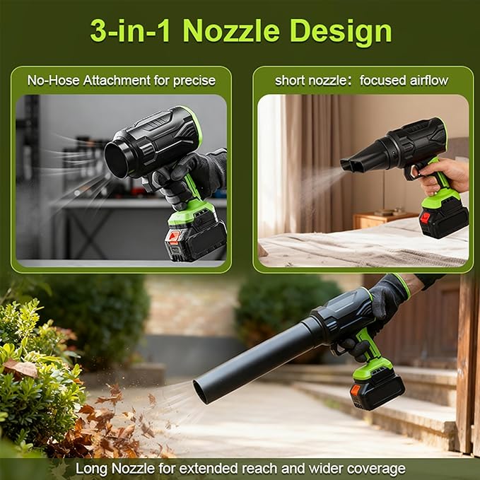 3 in 1 Leaf Blower Cordless with 2 * 3Ah Battery and Charger, 3 Speed Mode, Lightweight, 21V Battery Powered Electric Handheld Blower for Lawn Care, Blowing Leaves, Patio Cleaning, Dust, Snow