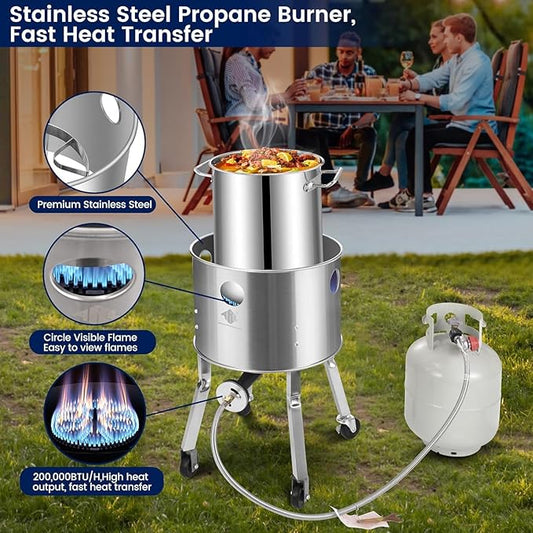 ARC 64QT Seafood Boiling Kit, 200,000BTU Stainless Steel Propane Burner And Crawfish Boil Pot With Strainer, Wheeled Legs and 360°Windscreen For Outdoors Cooking and Steaming, Large Turkey Fryer Pot