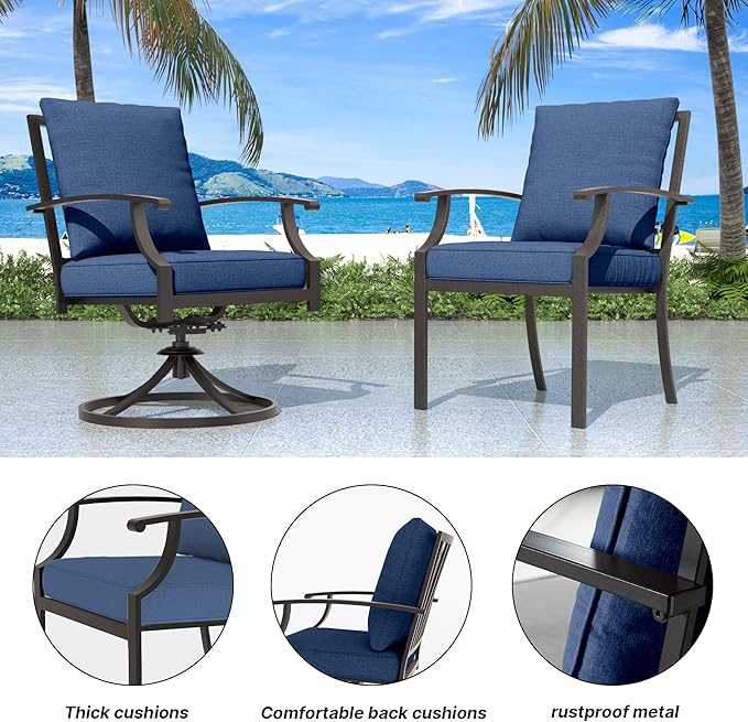 7 Pieces Patio Furniture Set with Round Fire Pit Table, Outdoor Conversation Sets 6 Swivel Chairs with Upgrade Cushions for Patio, Backyard Dark Blue