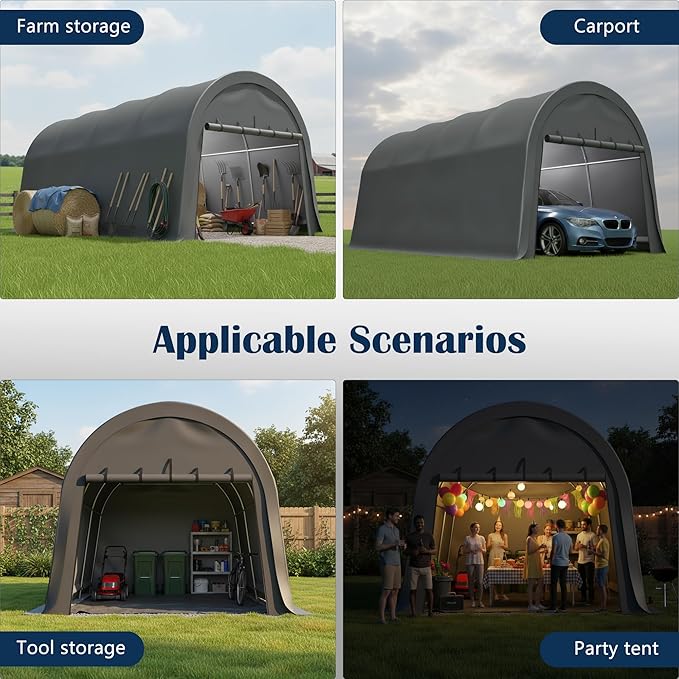 Anti-Snow 10x20 FT Carport,Grade Heavy Duty Portable Garage Canopy with Steel Frame & Vented Roof,Waterproof Outdoor Storage Shed W/Removable Double-Zipper Doors,for Vehicle, Boat,RV,Grey