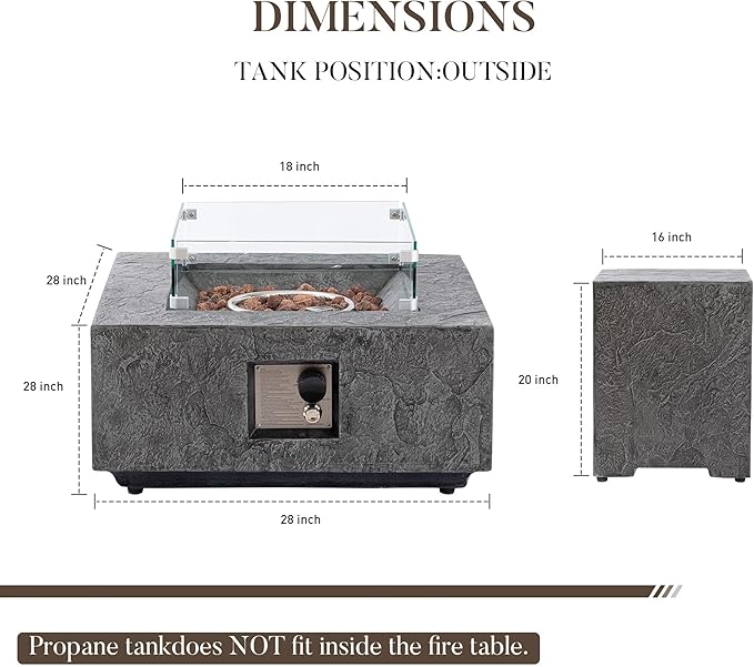 Cosiest Propane Fire Pit with Wind Guard&Tank Cover for Outside, 28 in Square Gas Fire Pits for Outdoor Patio, Certified, 50000 BTU Concrete Rectangle Base with Rain Cover, Free Lava Rocks