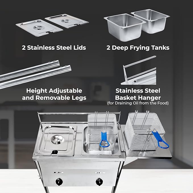 FOODIZIO Silver Deep Fryer with Thermometer, Propane Deep Fryer with 2 Stainless Steel Baskets & Lids, Adjustable Temperature with Regulating Knobs