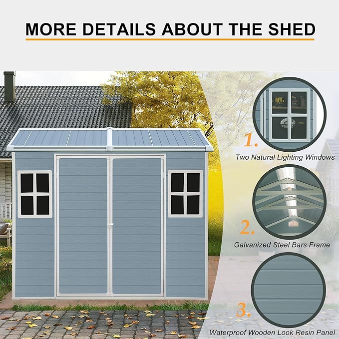 Resin Storage Shed 8x4 ft Outdoor Shed with Floor, Plastic Sheds with Two Windows and Lockable Double Door, Waterproof Garden Shed with Vents, Tool Sheds for Backyard, Patio, Lawn, Grey