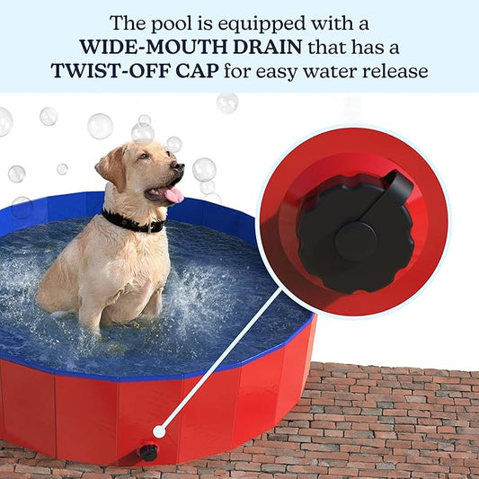 Foldable Dog Pool - 47x12in Pet Pool - Durable PVC Outdoor Pool with Drain for Grooming, Bathing, or Play - Dog Pools for Large Dogs by PETMAKER (Red)