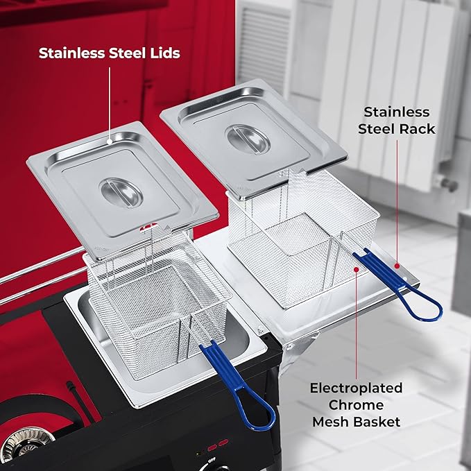 Cast Iron Black Deep Fryer | Two Tank Outdoor Propane Deep Fryer With 2 Stainless Steel Baskets & Lids | Adjustable Temperature Gas Fryer With Regulating Knobs | Large Oil Tanks Capacity