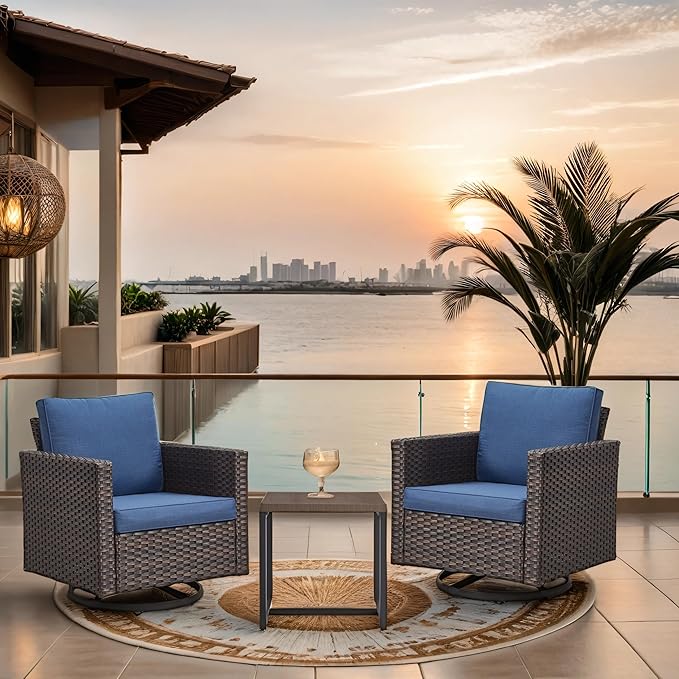 Outdoor Swivel Rocker Patio Chairs ： Swivel Patio Chairs Set of 3 Patio Swivel Chairs Patio Swivel Rocker Chair with Wide Wicker Armrests, Brown / Blue