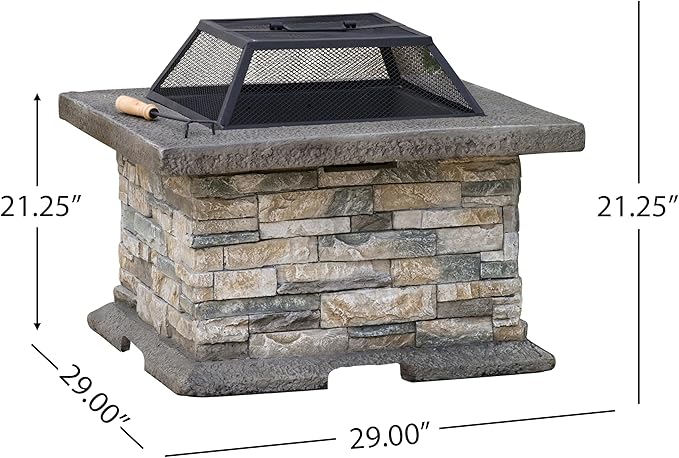 29 Inch Outdoor Fire Pit Table, Wood Burning Fire Pit for Patio with Spark Screen, Fire Poker, MGO Square Fireplaces for Camping, Garden, Backyard, Bonfire Party, Stone Gray