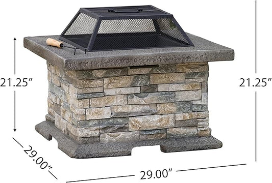 29 Inch Outdoor Fire Pit Table, Wood Burning Fire Pit for Patio with Spark Screen, Fire Poker, MGO Square Fireplaces for Camping, Garden, Backyard, Bonfire Party, Stone Gray