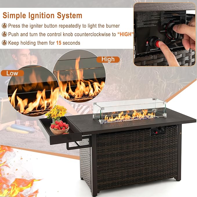 Giantex 52" Outdoor Propane Fire Pit - 50,000 BTU Wicker Patio Gas Fire Table w/Lid, Waterproof Cover, Tempered Glass Wind Guard & Blue Fire Stone, PE Rattan Firepit Table w/Storage Shelf (Brown)