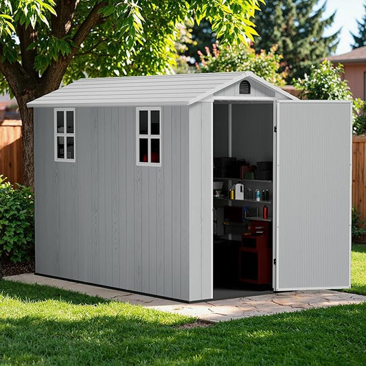 Greesum 4x8FT Plastic Outdoor Storage Shed with Floor, Resin Storaged Sheds with Lockable Door, Window & Vent, All-Weather Tool Sheds for Garden, Backyard, Patio, Light Gray (One-Piece Panel)