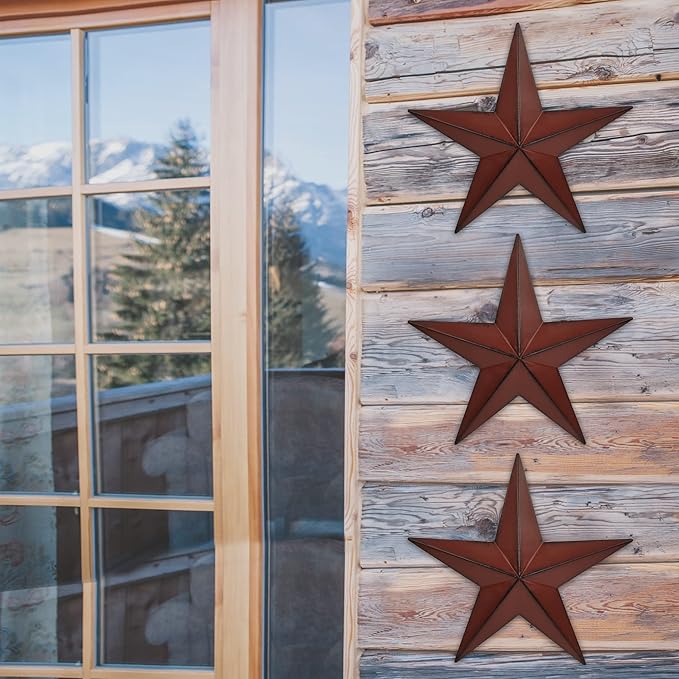 JoyEvy 12" Metal Barn Star Wall Decor-American Flag Stars for Outside Or Inside of House-Iron Texas Metal Star Rustic Vintage Western Country Home Farmhouse Wall Art Decorations (Set of 3)