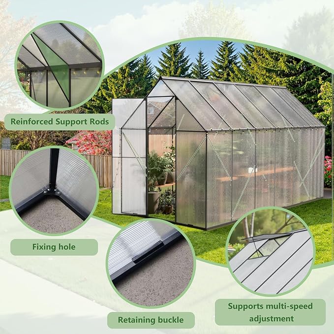 6X12 FT Greenhouse for Outdoors, Heavy Duty Polycarbonate Greenhouses, Large Walk-in Greenhouse with Roof Vent, Aluminum Hot House for Garden & Backyard
