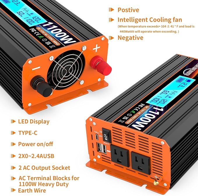 1100 Watt Pure Sine Wave Power Inverter 12V DC to 110V 120V Converter for Family RV Off Grid Solar System Car with Type-C Ports 2 AC Power Outlets Dual USB Ports LCD Display Wireless Remote Control