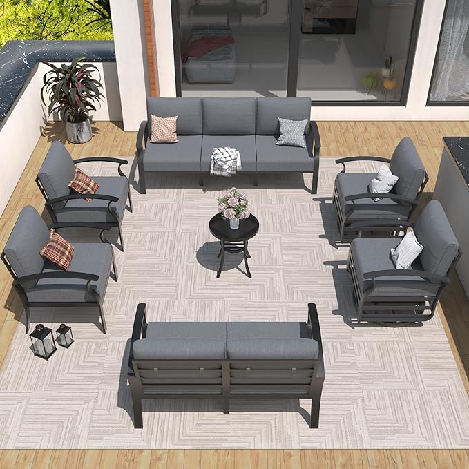 Aluminum Patio Furniture Set, 9 Seats Outdoor Patio Conversation Set with Swivel Chair Modern Metal Patio Sectional Sofa with Upgrade Cushions for Patio, Backyard Grey
