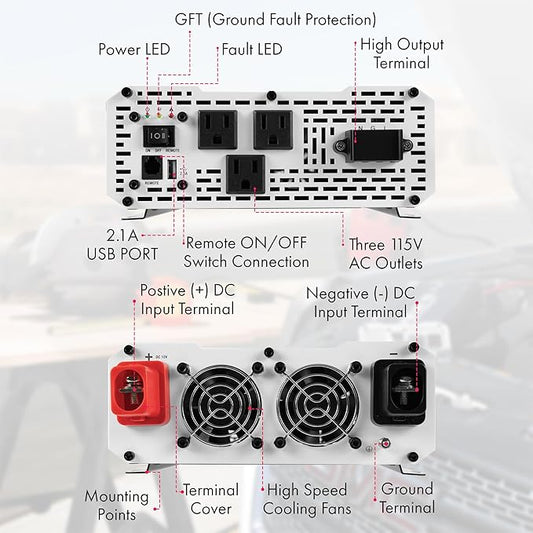 Wagan EL3810 Pure Line 3000 watt Power Inverter 6000 Watt Peak Surge Power DC 12V to 110V AC Car Inverter ETL Certified