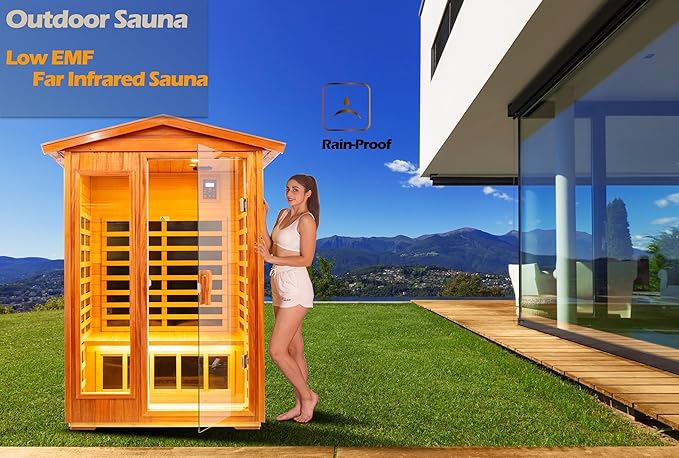 LTCCDSS Ultra-Low EMF Outdoor Sauna 2 Person, Mahogany Far Infrared Sauna for Home EMF Average 0.5 mG, Withstand Outdoor Temp -10℉-149℉ Chromotherapy, Bluetooth Speaker