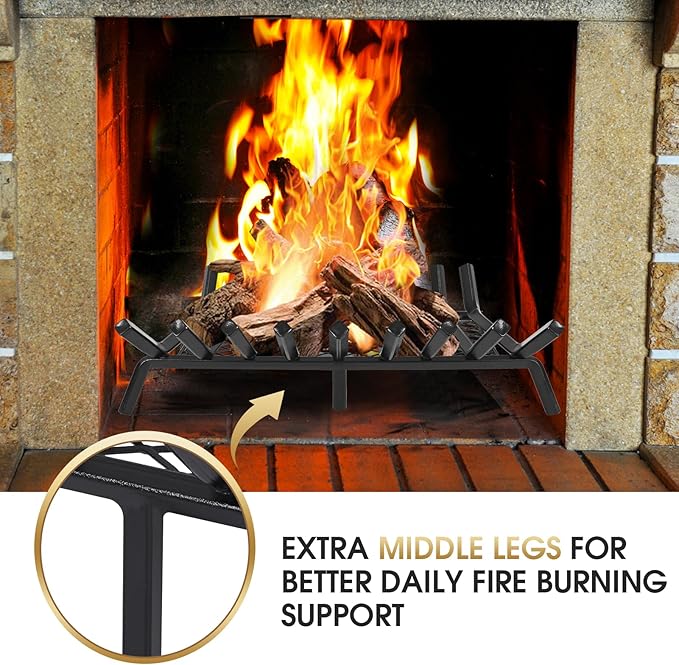 G GOOD GAIN Fireplace Grate with Ember Retainer, 30in Heavy Duty Steel Indoor, Chimney Hearth Wood Stove Burning Rack Holder,1/2 Bar Fire Place Asseccories for Outdoor, Fire Pits, Camping.