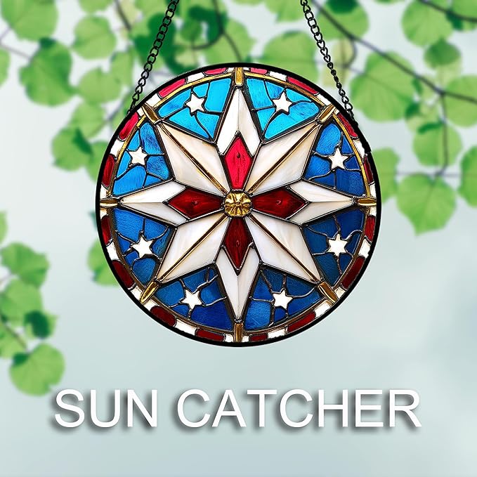 AMDERVEN Stained Glass Window Hanging 4 Pcs Set Abstract Flowers In Red White Blue Large 11.8" - Suncatcher Door Garden Sun Catcher Decor Birthday Mother's Day Xmas Gift for Mom Woman Nana Men Parents
