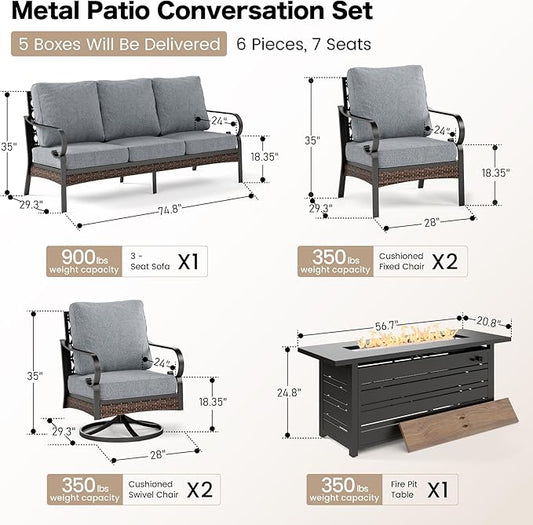6 Piece Black Metal Outdoor Patio Furniture Sets with Firepit Table, Patio Conversation Sets 1 3-Seater Sofa, 2 Leg Sofa and 2 Swivel Sofa with 5.75" Cushion for Backyard Deck, Gray