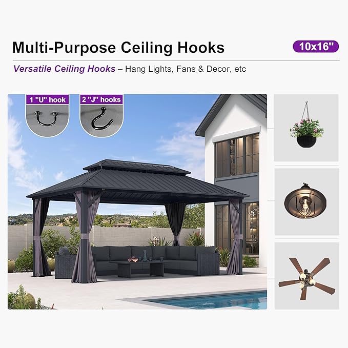 PURPLE LEAF 10' X 16' Permanent Hardtop Gazebo Aluminum Frame with Galvanized Steel Double Vented Roof Includes Removable Netting and Curtains with Hooks for Garden Patio Lawns Grey