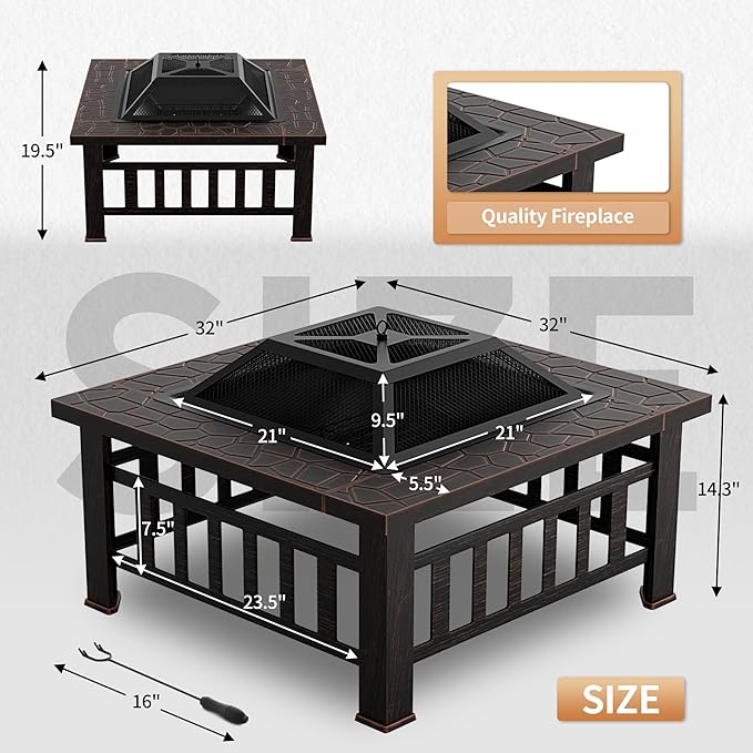 Greesum Multifunctional Patio Fire Pit Table, 32in Square Metal BBQ Firepit Stove Backyard Garden Fireplace with Spark Screen Lid and Rain Cover for Camping, Bonfire and Picnic, Reddish Brown