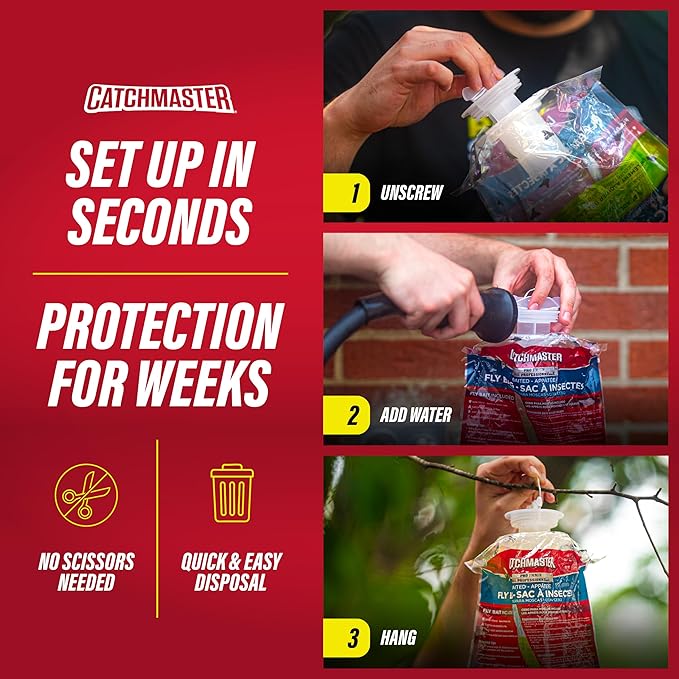 Catchmaster Pro Series Disposable Fly Bag 4-Pack, Hanging Fly Trap Outdoor Home, Bug Catcher and Flying Insect Trap with Premium Food Lure, Pest Control XL Bag for Backyard, Pool, Patio & Camping