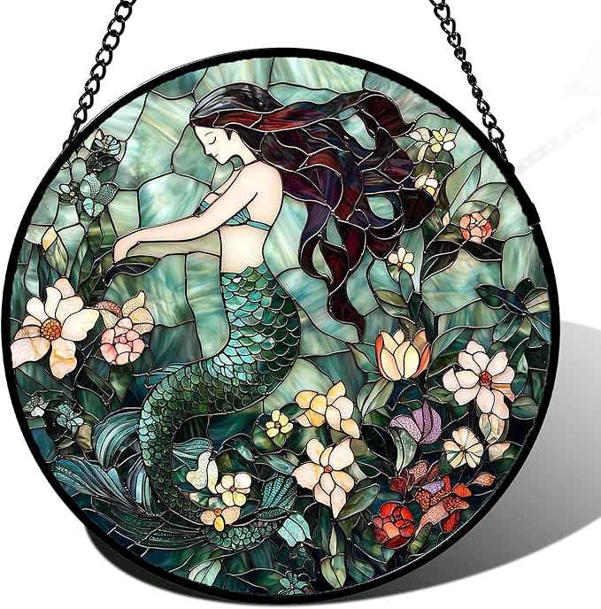 JOSUMALY Stained Glass Window Hanging - Teal Sleeping Mermaid Suncatcher for Door Terrace Garden Home Decor, Sea of Flowers Sun Catcher Birthday Gifts for Lovers Women Men Dad Mom Nana 9.8 in