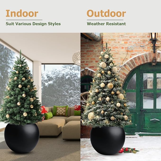 9.7" H x 12" D Globo Fiberstone Round Planter - Christmas Tree Planter, Smooth Finishes, Weather Resistant for Indoor & Outdoor Use, Included 2 Extra Coco Mats (Black, 7.8" Pot Opening)