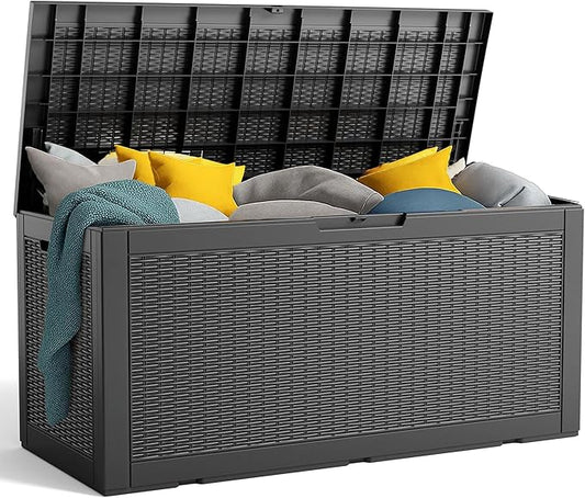 120 Gallon Resin Deck Box, Lockable Patio Outdoor Storage Box for Furniture, Garden Tools and Tools Storage, Waterproof Outside Storage Boxes - Black