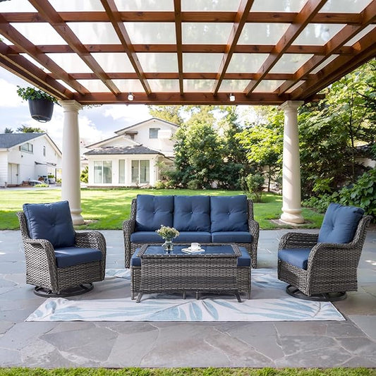 Belord Wicker Outdoor Furniture Patio Furniture Set - 6 Piece Patio Conversation Set with Swivel Rocker Chairs, Rattan Sofa, Ottomans and Coffee Table, Blue Cushion